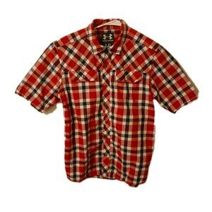 Under Armour Mens Large  Red Black Plaid 2 Pocket Button Up Shirt